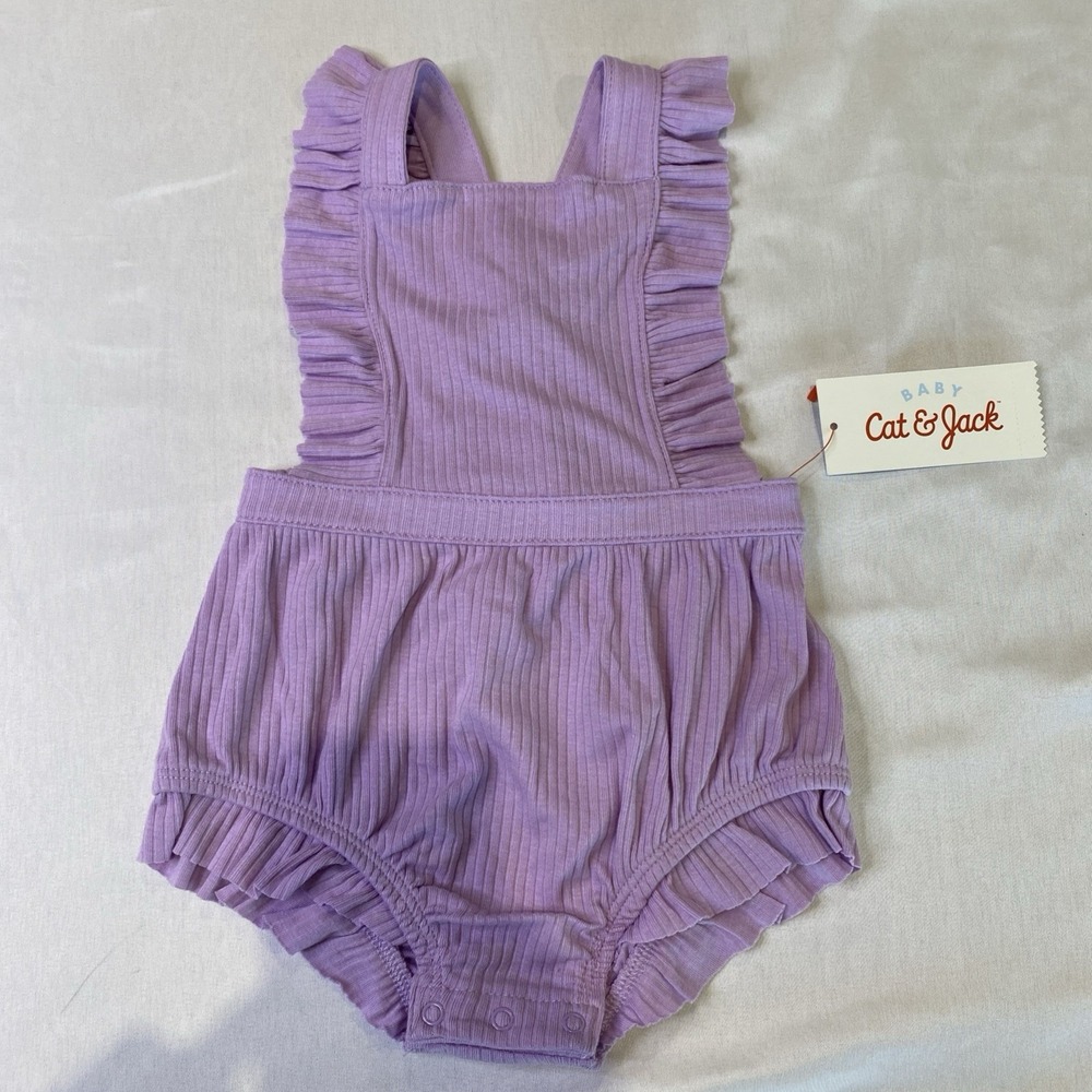 NWT Cat & Jack Baby Lavender Ruffled Romper 6-9M Ribbed Cotton Blend Sleeveless